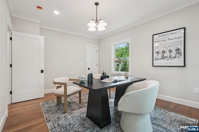 107 Rutland Rd, Glen Rock, NJ 07452 - office with a chandelier, wood finished floors, baseboards, crown molding, and recessed lighting