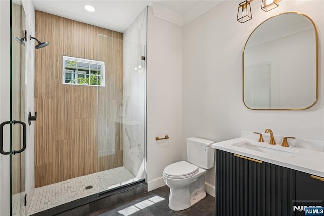 107 Rutland Rd, Glen Rock, NJ 07452 - bathroom with toilet, vanity, a stall shower, baseboards, and ornamental molding