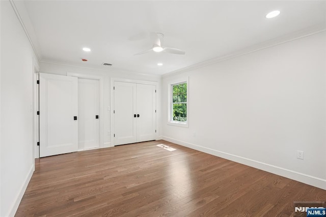 107 Rutland Rd, Glen Rock, NJ 07452 - unfurnished bedroom with ornamental molding, baseboards, wood finished floors, recessed lighting, and a ceiling fan