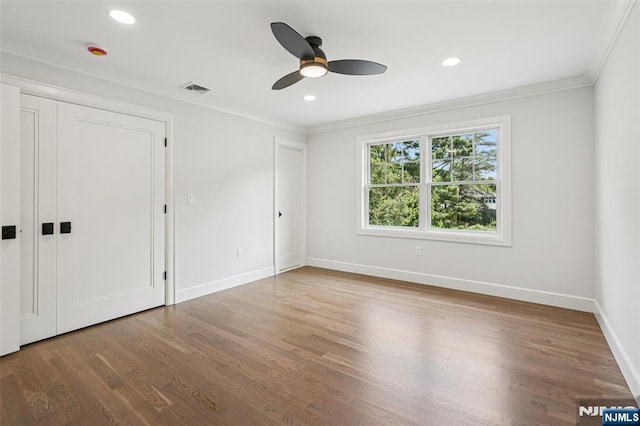 107 Rutland Rd, Glen Rock, NJ 07452 - unfurnished bedroom with ornamental molding, baseboards, wood finished floors, recessed lighting, and ceiling fan