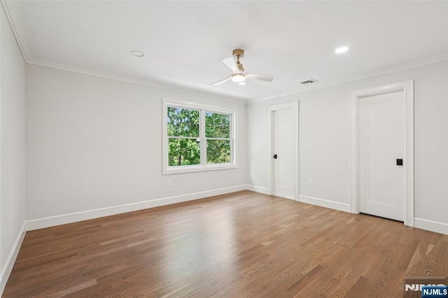 107 Rutland Rd, Glen Rock, NJ 07452 - unfurnished bedroom featuring crown molding, baseboards, wood finished floors, recessed lighting, and ceiling fan