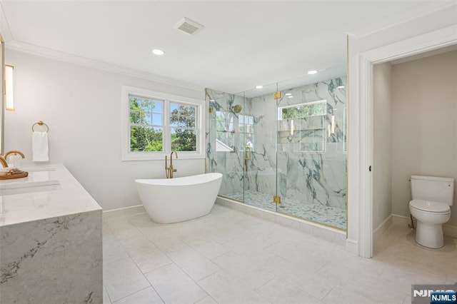 107 Rutland Rd, Glen Rock, NJ 07452 - bathroom featuring a marble finish shower, toilet, baseboards, recessed lighting, and crown molding