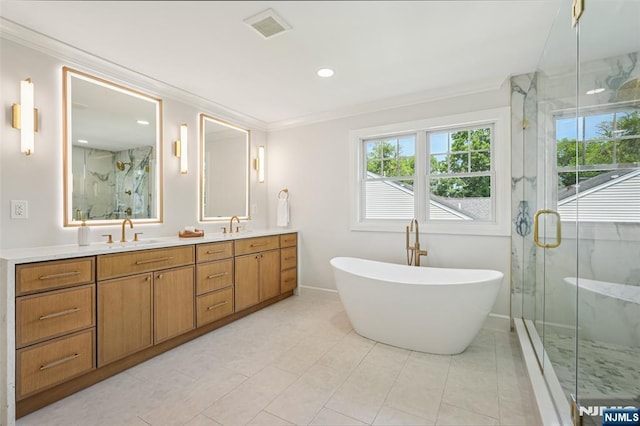 107 Rutland Rd, Glen Rock, NJ 07452 - bathroom featuring a marble finish shower, double vanity, a freestanding bath, ornamental molding, and baseboards