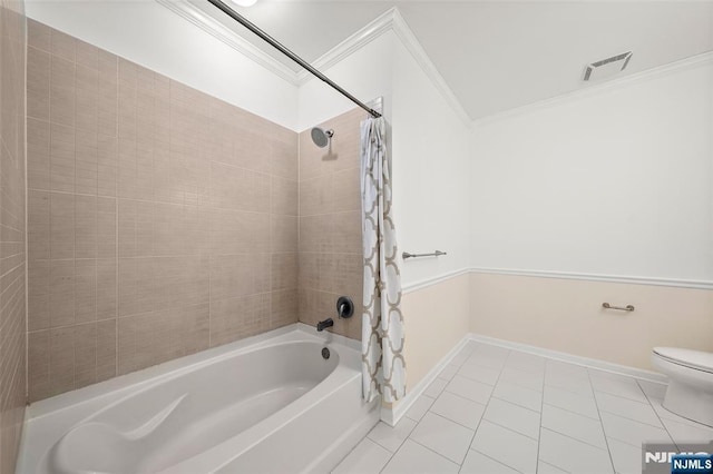 3326 Riverview Ave Unit 326, Englewood, NJ 07631 - full bathroom with crown molding, shower / tub combo with curtain, toilet, tile patterned floors, and baseboards