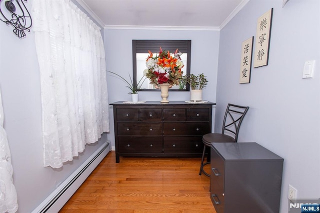 332 Summer St, Clifton, NJ 07011 - hallway with a baseboard heating unit, ornamental molding, and light wood-style floors