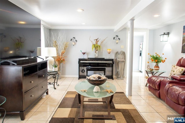 332 Summer St, Clifton, NJ 07011 - living area with decorative columns, light tile patterned floors, and recessed lighting