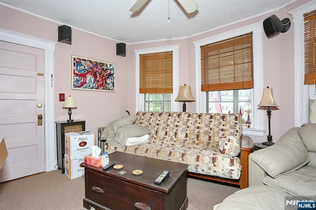 267 Hoover Ave, Bloomfield, NJ 07003 - carpeted living room with ceiling fan and ornamental molding