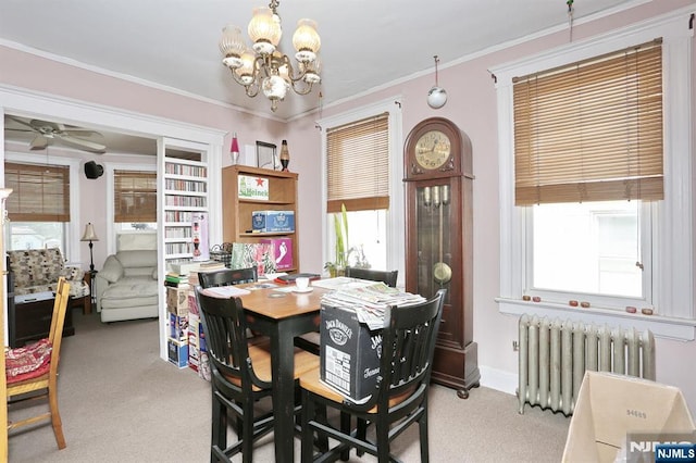 267 Hoover Ave, Bloomfield, NJ 07003 - carpeted dining space with radiator heating unit, a chandelier, ceiling fan, plenty of natural light, and ornamental molding