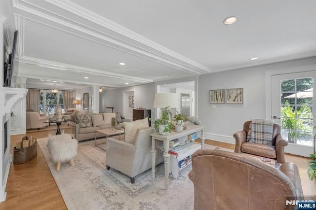 43 Heights Rd, Allendale, NJ 07401 - living room with light wood-style floors, recessed lighting, and ornamental molding