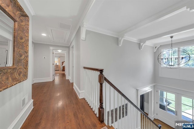 43 Heights Rd, Allendale, NJ 07401 - hall with an upstairs landing, attic access, wood finished floors, ornamental molding, and recessed lighting