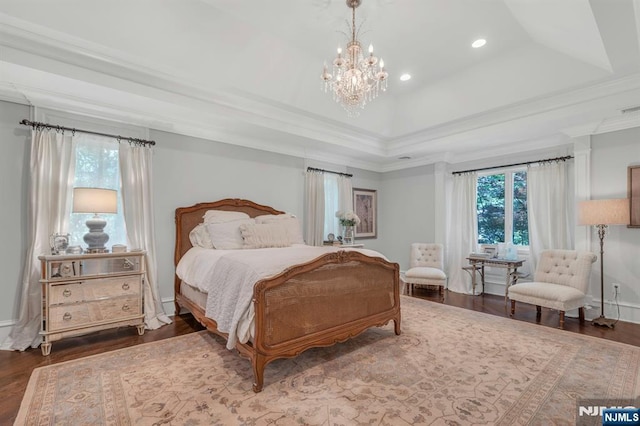 43 Heights Rd, Allendale, NJ 07401 - bedroom featuring recessed lighting, wood finished floors, a tray ceiling, crown molding, and a chandelier