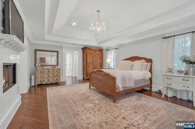 43 Heights Rd, Allendale, NJ 07401 - bedroom with a chandelier, a raised ceiling, crown molding, dark wood-style flooring, and recessed lighting