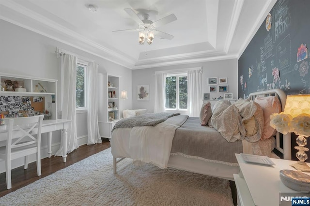 43 Heights Rd, Allendale, NJ 07401 - bedroom featuring a tray ceiling, wood finished floors, a ceiling fan, and crown molding