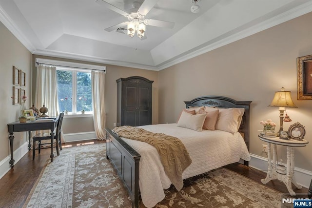 43 Heights Rd, Allendale, NJ 07401 - bedroom with a raised ceiling, dark wood-type flooring, a desk, and a ceiling fan