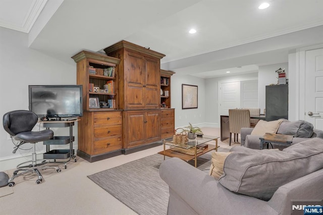 43 Heights Rd, Allendale, NJ 07401 - living area featuring recessed lighting, crown molding, an office area, and carpet flooring