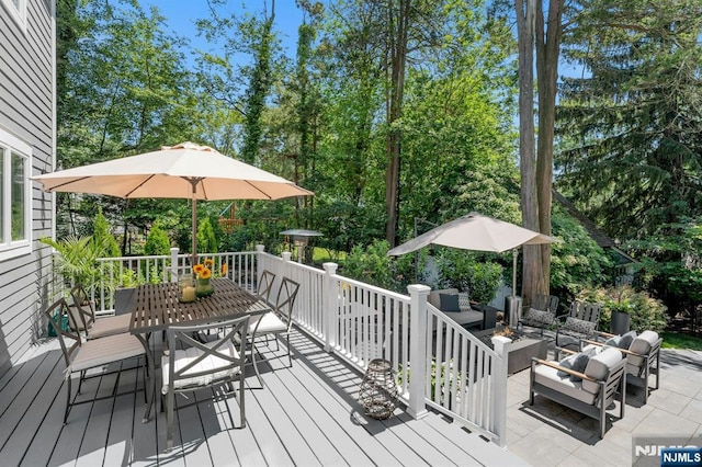 43 Heights Rd, Allendale, NJ 07401 - wooden deck featuring an outdoor living space with a fire pit and outdoor dining area