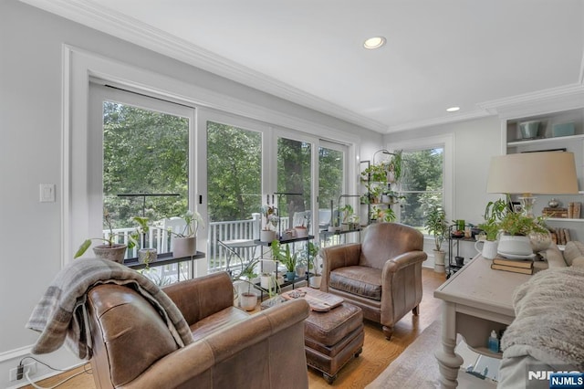 43 Heights Rd, Allendale, NJ 07401 - living area featuring crown molding, light wood-style flooring, and recessed lighting