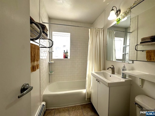 476 Joralemon St Unit F3, Belleville, NJ 07109 - bathroom with a baseboard radiator, shower / bath combo, vanity, tile patterned flooring, and toilet
