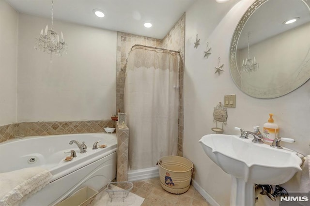 57 Eckerson Ave, Closter, NJ 07624 - full bath featuring tiled shower, a tub with jets, tile patterned floors, and recessed lighting
