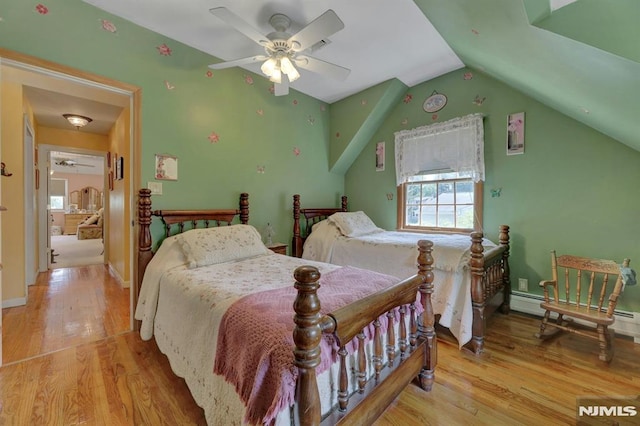 57 Eckerson Ave, Closter, NJ 07624 - bedroom featuring wood finished floors, lofted ceiling, baseboards, and a ceiling fan