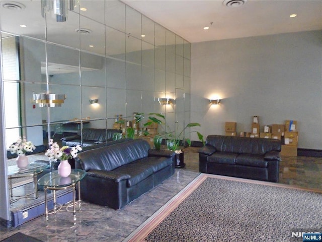 1 Wall St Unit 8-C, Fort Lee, NJ 07024 - living room featuring a towering ceiling and recessed lighting
