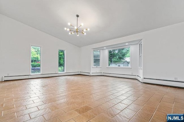 310 Spring Valley Rd, Paramus, NJ 07652 - empty room featuring a chandelier, plenty of natural light, high vaulted ceiling, and baseboards
