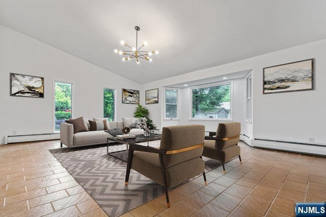 310 Spring Valley Rd, Paramus, NJ 07652 - living room with a baseboard radiator, a chandelier, and vaulted ceiling