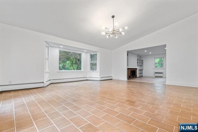 310 Spring Valley Rd, Paramus, NJ 07652 - unfurnished living room featuring radiator, a chandelier, high vaulted ceiling, and a fireplace