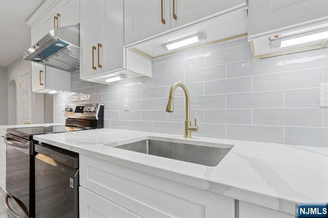 310 Spring Valley Rd, Paramus, NJ 07652 - kitchen with electric range, black dishwasher, a sink, wall chimney range hood, and white cabinetry