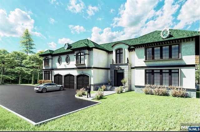544 Union Hill Rd, Marlboro, NJ 07726 - french country inspired facade featuring stucco siding, driveway, a front lawn, and a garage