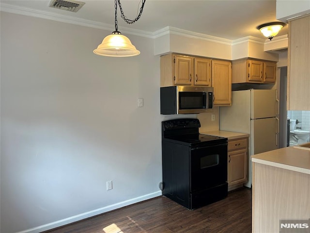 346 Maple Unit 3, Oradell, NJ 07649 - kitchen featuring black range with electric cooktop, stainless steel microwave, light countertops, dark wood finished floors, and ornamental molding
