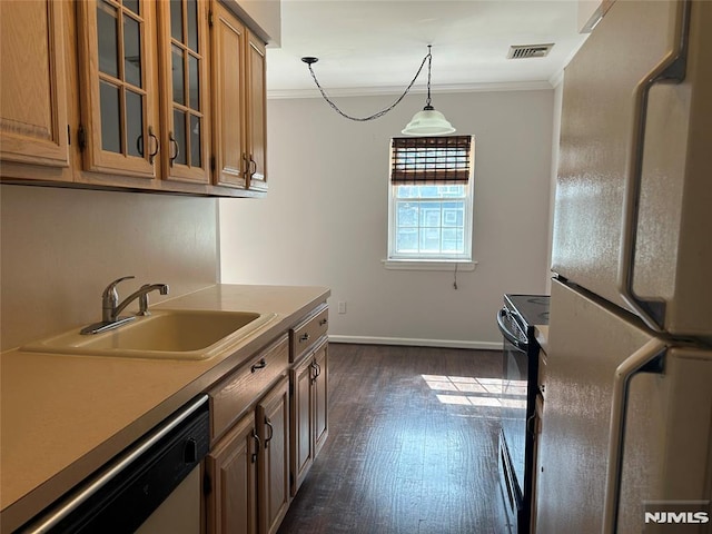 346 Maple Unit 3, Oradell, NJ 07649 - kitchen with freestanding refrigerator, crown molding, black / electric stove, dishwashing machine, and dark wood-type flooring