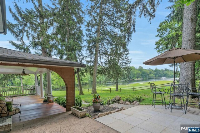 193 S Franklin Tpke, Ramsey, NJ 07446 - view of patio / terrace with a water view, ceiling fan, and golf course view
