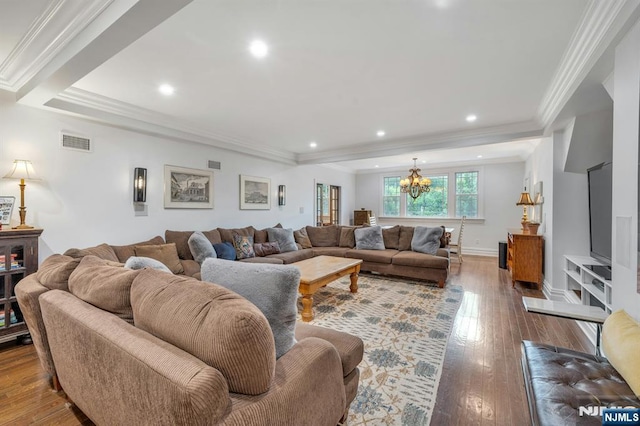 193 S Franklin Tpke, Ramsey, NJ 07446 - living room with a chandelier, hardwood / wood-style flooring, recessed lighting, ornamental molding, and baseboards