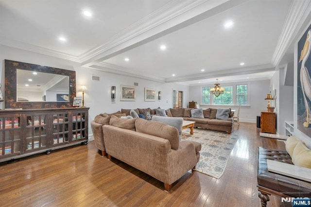 193 S Franklin Tpke, Ramsey, NJ 07446 - living area with a chandelier, hardwood / wood-style floors, baseboards, recessed lighting, and crown molding