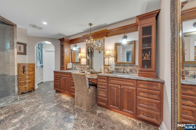 193 S Franklin Tpke, Ramsey, NJ 07446 - bathroom with vanity, decorative backsplash, a shower stall, marble finish floors, and recessed lighting