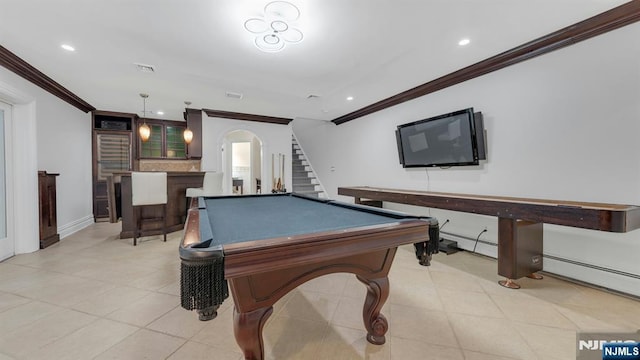 193 S Franklin Tpke, Ramsey, NJ 07446 - playroom featuring ornamental molding, bar, arched walkways, billiards, and recessed lighting