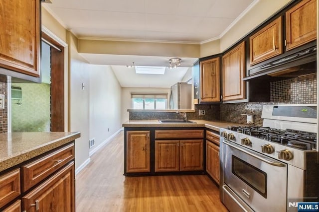 277 Jefferson Ave, Cresskill, NJ 07626 - kitchen featuring high end stainless steel range, a sink, under cabinet range hood, light wood finished floors, and backsplash