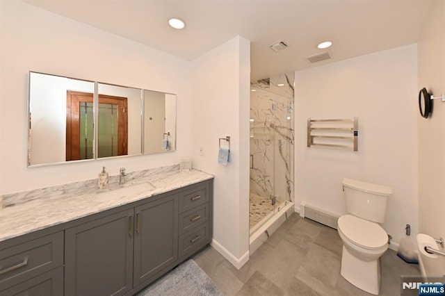 24 Old Chimney Rd, Upper Saddle River, NJ 07458 - bathroom with toilet, a marble finish shower, baseboards, vanity, and recessed lighting