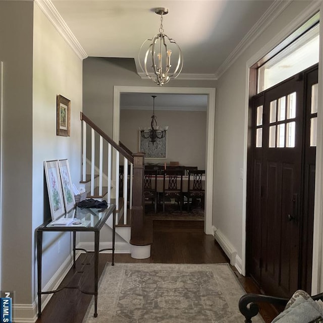 65 1st St, Allendale, NJ 07401 - foyer featuring a chandelier, stairs, wood finished floors, baseboards, and crown molding