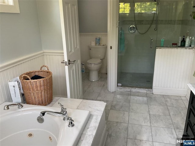 65 1st St, Allendale, NJ 07401 - bathroom with a shower stall, a jetted tub, wainscoting, toilet, and vanity