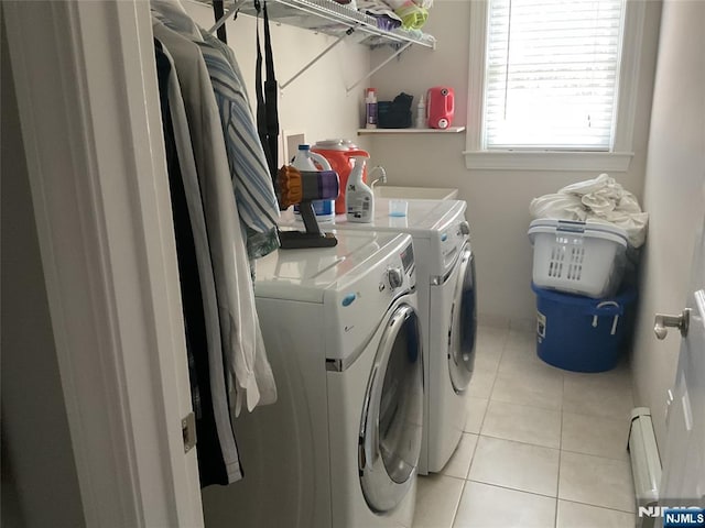 65 1st St, Allendale, NJ 07401 - laundry area with independent washer and dryer, baseboard heating, and light tile patterned floors