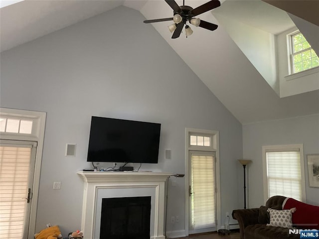 65 1st St, Allendale, NJ 07401 - living room featuring high vaulted ceiling, a fireplace, and ceiling fan