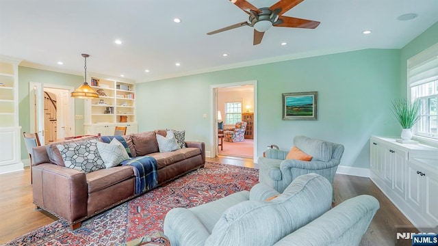 466 Park St, Montclair, NJ 07043 - living room featuring ceiling fan, wood finished floors, recessed lighting, crown molding, and baseboards