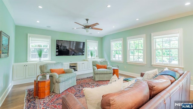 466 Park St, Montclair, NJ 07043 - living area with light wood-style flooring, ceiling fan, recessed lighting, baseboards, and crown molding