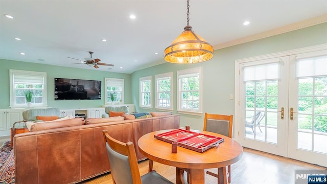 466 Park St, Montclair, NJ 07043 - dining room with light wood finished floors, a ceiling fan, recessed lighting, and french doors