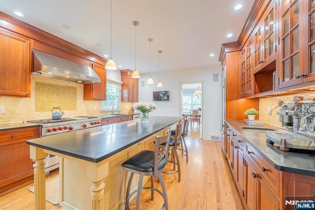 466 Park St, Montclair, NJ 07043 - kitchen featuring wall chimney exhaust hood, light wood-style flooring, decorative backsplash, brown cabinetry, and recessed lighting