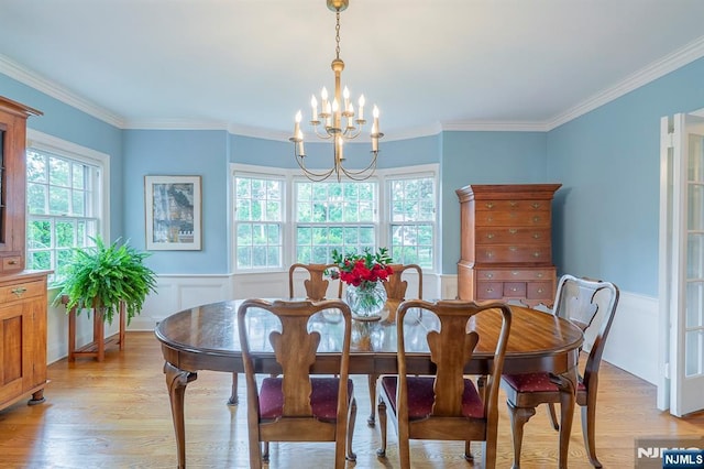 466 Park St, Montclair, NJ 07043 - dining space with a chandelier, light wood-type flooring, a wainscoted wall, and crown molding