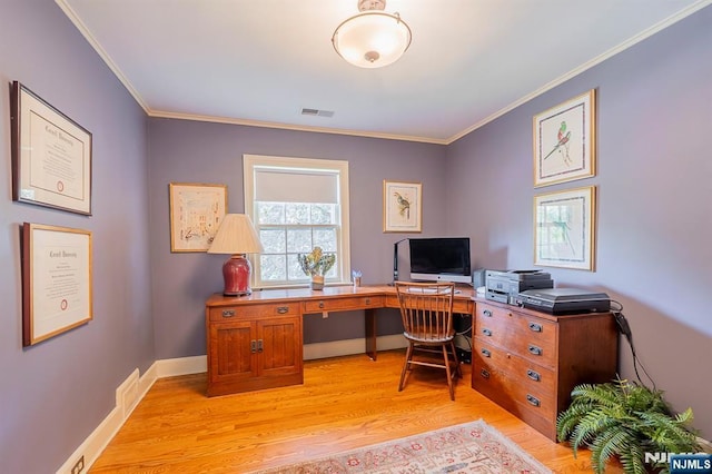 466 Park St, Montclair, NJ 07043 - home office featuring light wood-type flooring, ornamental molding, and baseboards
