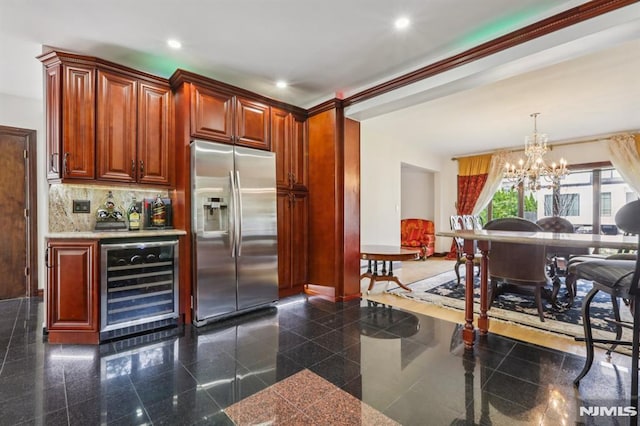 1060 Briar Way, Fort Lee, NJ 07024 - kitchen featuring stainless steel fridge, beverage cooler, granite floors, a chandelier, and recessed lighting